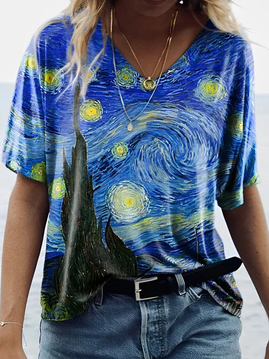 Van Gogh t-shirt med v-ringad stjärnhimmel med tryck